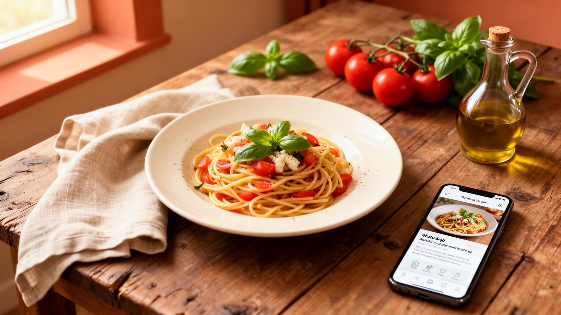 A warm bowl of pasta on a rustic table next to Recipe Runner on a phone